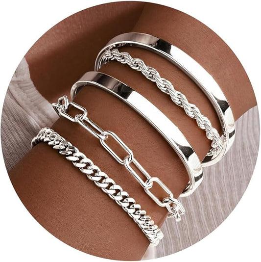 Gold Bracelets for Women Non Tarnish, 14K Gold Plated Chunky Cuff Bracelet Gold Bangles Bracelet for Women Trendy Tie Knot Cuban Rope Paperclip Beaded Bracelet Stack Jewelry Gifts