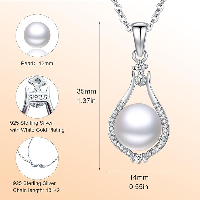 Sebina Pearl Pendant Necklace for Women,925 Sterling Silver Pendant Jewelry,Anniversary Christmas Birthday Valentines Gifts for Wife, Mom, Dauhter, Girlfriend,Her