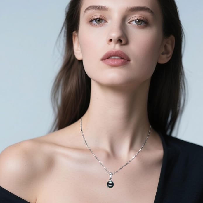 KANNSOAR Tahitian Black Pearl AAAA 18K White Gold Plated Sterling Silver Pendant Necklace for Women Wife Mom Girlfriend Her Jewelry Gift for Birthday Anniversary Christmas
