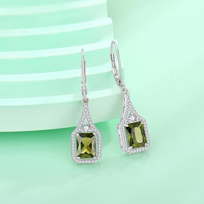 Emerald Cut Dangle Drop Earrings 925 Sterling Silver Halo Rectangular Leverback Earrings Birthstone Jewelry for Women