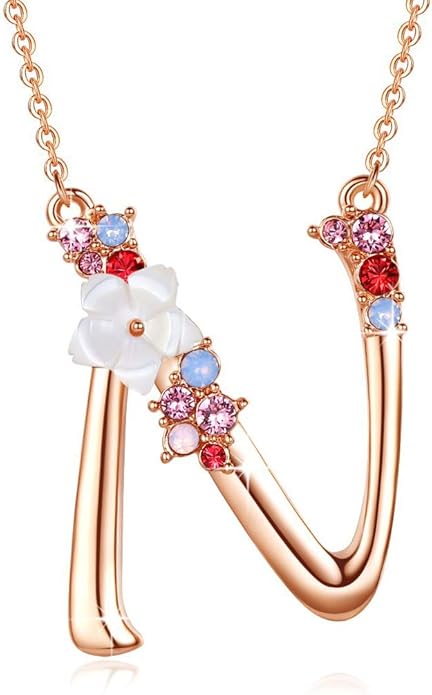Flower Initial Letter Necklace Pink Red Blue Simulated Pearl Pendant Name Jewelry Made with Austrian Crystals Rose Gold Plated Anniversary Birthday Gifts for Women,18"+2"