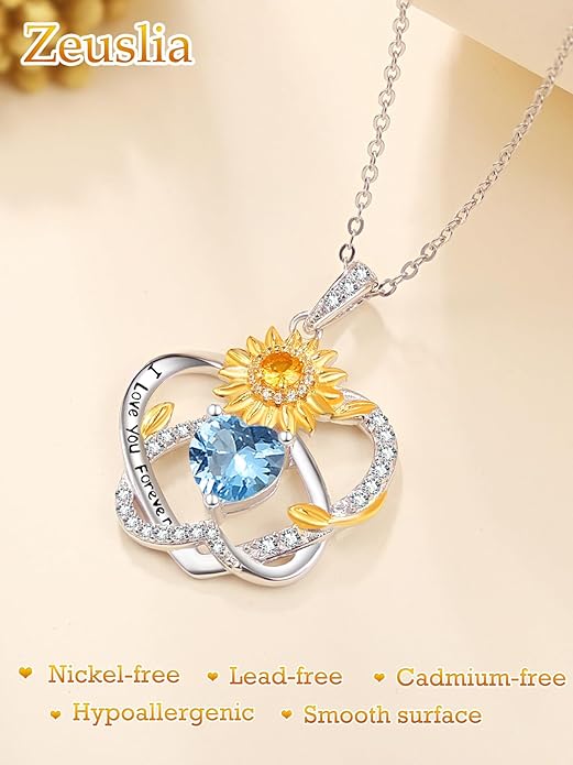 Zeuslia Double Birthstone Necklace Gifts for Wife - 925 Sterling Silver Sunflower/Rose/Crown Cross/Compass/Heart Pendant I Love You Necklace, Anniversary Birthday Gifts for Wife Girlfriend Mom Her