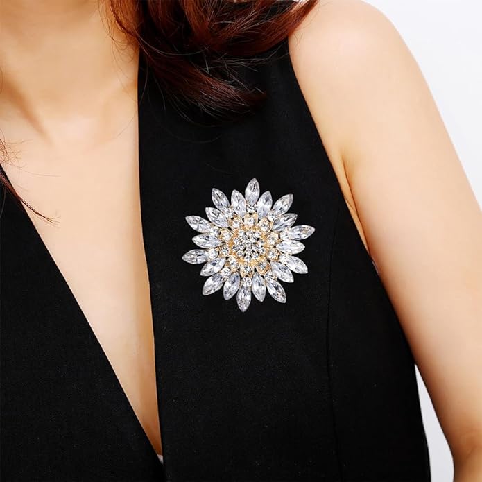 Rhinestone Large Flower Brooches Pins for Women Fashion Sparkly Crystal Sunflower Statement Brooch Unique Wedding Party Suit Dress Jewelry Accessories
