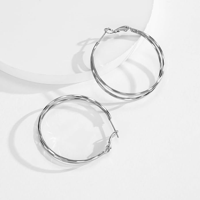 Diamond-Cut Double Hoop Earrings for Women 14k Gold Plated 925 Sterling Silver Posts Lightweight Hypoallergenic Split Hoop Earrings Trendy Jewelry Gifts for Women