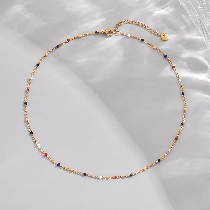 Gold Chain Necklace for Women Dainty 18K Gold Plated Thin Satellite Beaded Turquoise Necklace Simple Gold Boho Jewelry