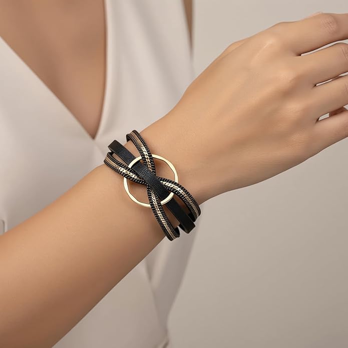 Edoneery Leather Wrap Bracelet for Women, Boho Handmade Multi-Layer Cuff with Crystal Beads Heart, Stackable Bangle Western Jewelry Gift