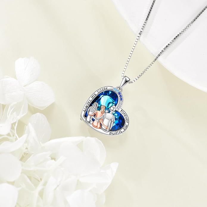 AOBOCO Gifts for Sister 2 3 Sisters Necklace for Women Sterling Silver Sister Crystal Pendant Jewelry Birthday Christmas Gifts for Friend Female Friendship Lasts Forever
