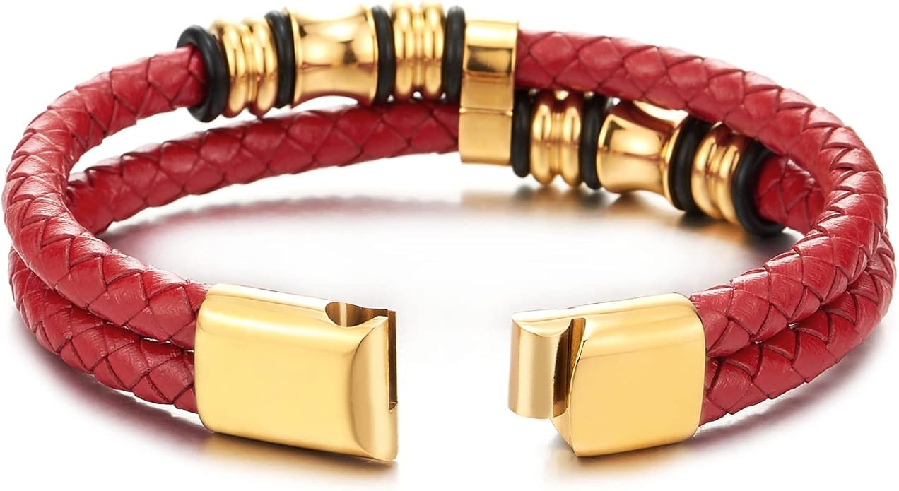 COOLSTEELANDBEYOND Mens Double-Row Braided Leather Bracelet Bangle Wristband with Stainless Steel Ornaments