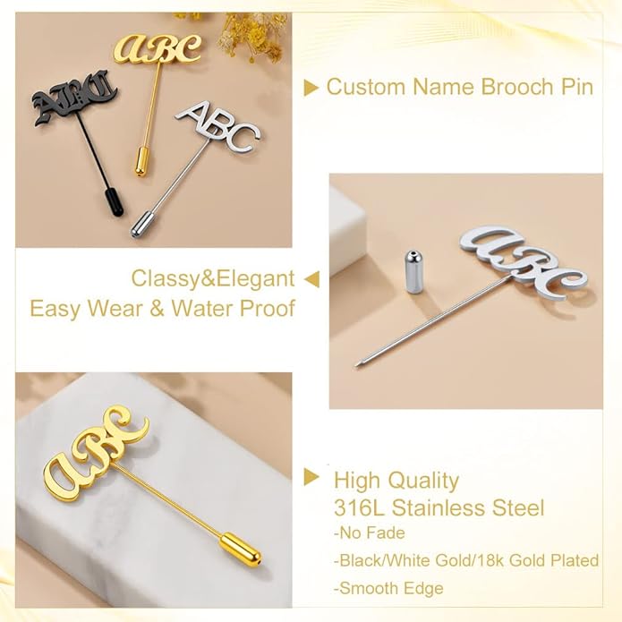 Custom4U Custom Name Pin Personalized Brooch Pins for Women Men Stainless Steel Name Tag with Letters/Initials - Silver/Gold/RoseGold/Black Customized Jewelry Gifts for Birthday Wedding Business Party