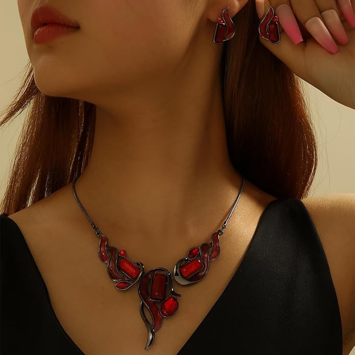 Chunky Statement Jewelry Set Vintage Retro Leaf Flower Floral Geometric Bohemian Boho Bib Necklace Earring Set Fashion Costume Jewelry for Women Girls Wedding Party Prom Unique Gift