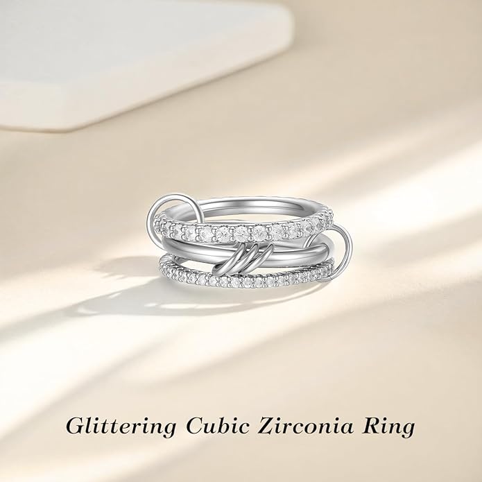 Emibele 14K Gold Plated Stackable Rings for Women, Interlocking Non Tarnish Gold Rings, Silver Dainty Cubic Zirconia Bands, Two-Toned Mixed Metal Stacking Band, Trendy Jewelry Gifts for Women