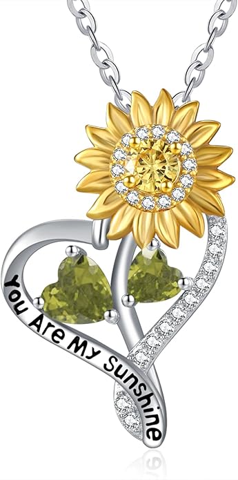 Zeuslia Double Birthstone Necklace Gifts for Wife - 925 Sterling Silver Sunflower/Rose/Crown Cross/Compass/Heart Pendant I Love You Necklace, Anniversary Birthday Gifts for Wife Girlfriend Mom Her