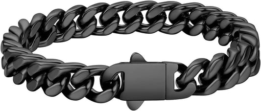 FaithHeart Mens Stainless Steel Cuban Link Bracelet - 5/7/9/12mm Width 7.5"/8.3"/9" Black/Silver/Gold Plated Heavy Duty Wrist Chain Bracelet Hip Hop Jewelry Birthday Gifts for Him