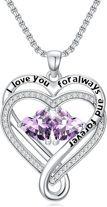 I Love You for Awlays and Forever Double Heart Necklace with Birthstone, 2 Birth Stone Jewelry Anniversary Valentines Mothers Day Christmas Birthday Gifts for Women Her Wife Girlfriend Mom Mother
