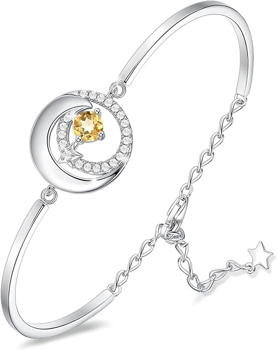 FANCIME Birthstone Bracelets 925 Sterling Silver Moon and Star Bangle Charm Bracelet Fine Jewelry Birthday Anniversary Christmas Day Gift for Her Women, Adjustable Chain 6.7"+1.2" Extend