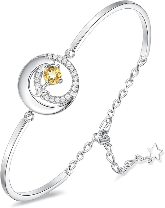 FANCIME Birthstone Bracelets 925 Sterling Silver Moon and Star Bangle Charm Bracelet Fine Jewelry Birthday Anniversary Christmas Day Gift for Her Women, Adjustable Chain 6.7"+1.2" Extend