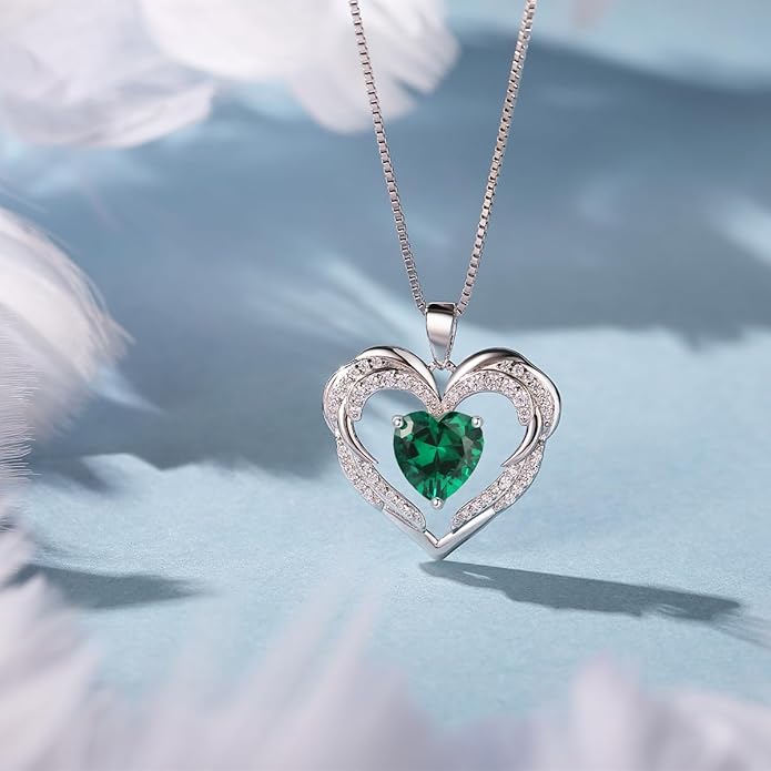 Heart Necklaces Valentine's Gift for Women, Birthstone 925 Sterling Silver Angel Wings Love Pendant Necklaces for Women, Jewelry Gifts for Wife, Anniversary, Mother's day