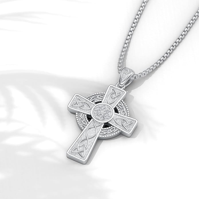 Midir&Etain Celtic Cross Necklace 925 Sterling Silver Cross Pendant Necklace Celtic Viking Irish Jewelry Religious Protective Gift for Men Women