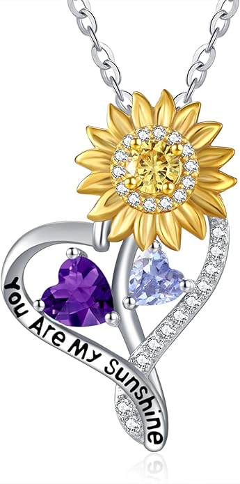 Zeuslia Double Birthstone Necklace Gifts for Wife - 925 Sterling Silver Sunflower/Rose/Crown Cross/Compass/Heart Pendant I Love You Necklace, Anniversary Birthday Gifts for Wife Girlfriend Mom Her
