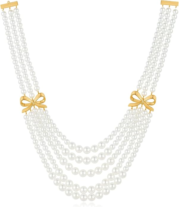 Gold Bow Imitation Pearl Layered Necklaces For Women Stack Necklace Charm Elegant Bow Necklaces Jewelry Presents