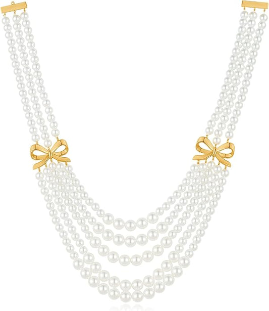Gold Bow Imitation Pearl Layered Necklaces For Women Stack Necklace Charm Elegant Bow Necklaces Jewelry Presents
