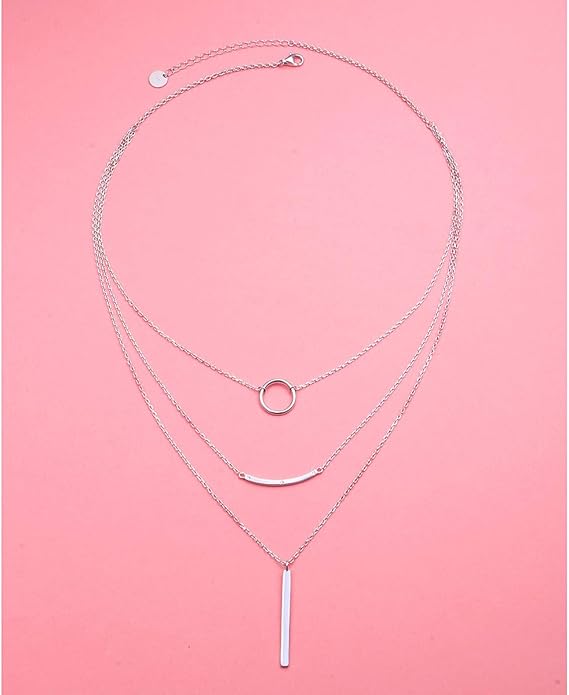 S925 Sterling Silver Layered Necklaces Multi 3 Layer Circle Bar Boho Long Triple Choker Pendant Necklace Jewerly Gift for Women