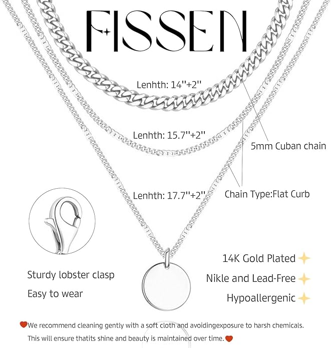 Layered Silver Necklace for Women Trendy Silver Plated Dainty Stackable Necklace Set Cuban Paperclip Herringbone Link Chain Coin/Cross/diamond/Mobius Pendant Necklaces Fashion Accessories Jewelry Gift