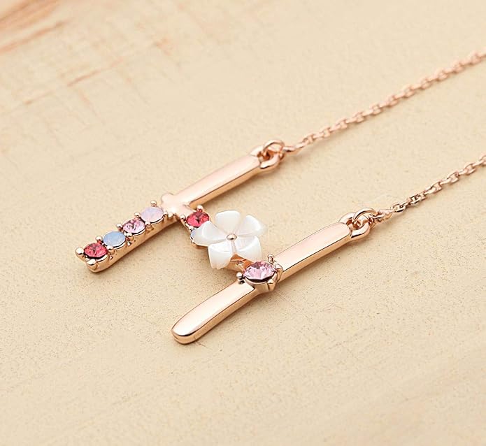 Flower Initial Letter Necklace Pink Red Blue Simulated Pearl Pendant Name Jewelry Made with Austrian Crystals Rose Gold Plated Anniversary Birthday Gifts for Women,18"+2"