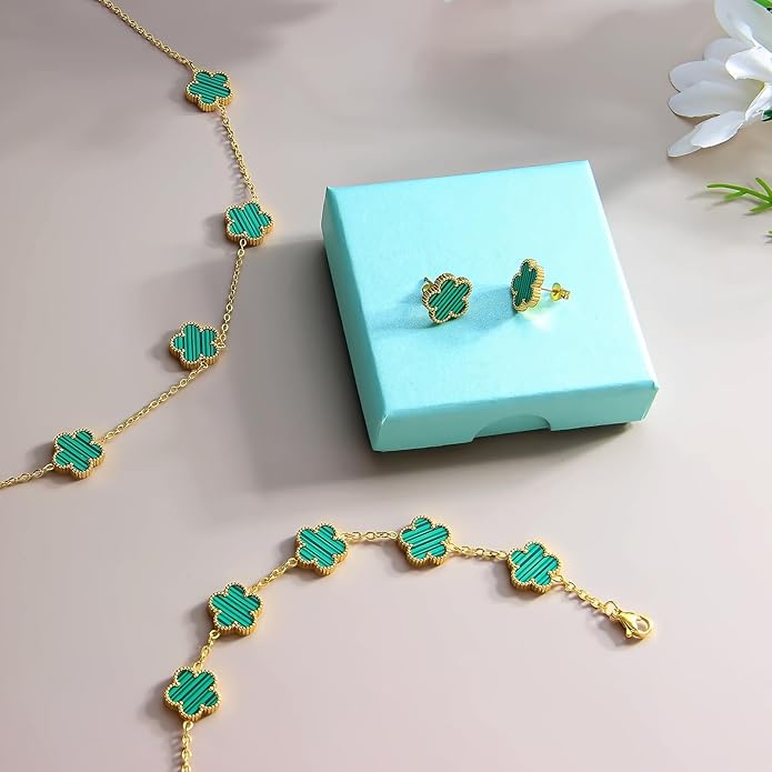 AmorArtSky Lucky Clover Jewelry Set - 18K Gold Plated Flower Design Five Leaf Bracelet, Necklace Pendant, Earrings for Women - Lucky Gifts for Mom, Wife, Daughter, Friends