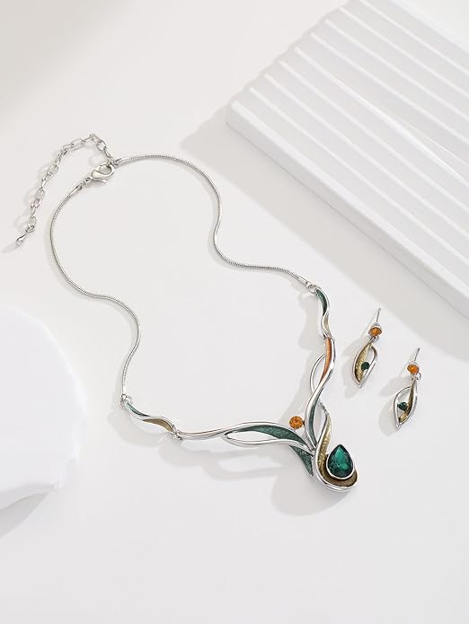 Chunky Statement Jewelry Set Vintage Retro Leaf Flower Floral Geometric Bohemian Boho Bib Necklace Earring Set Fashion Costume Jewelry for Women Girls Wedding Party Prom Unique Gift