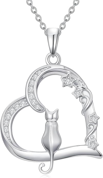 Cat Gifts for Women 925 Sterling Silver Heart Moon Cat Necklace Pendant Women Jewelry Halloween Christmas Gifts