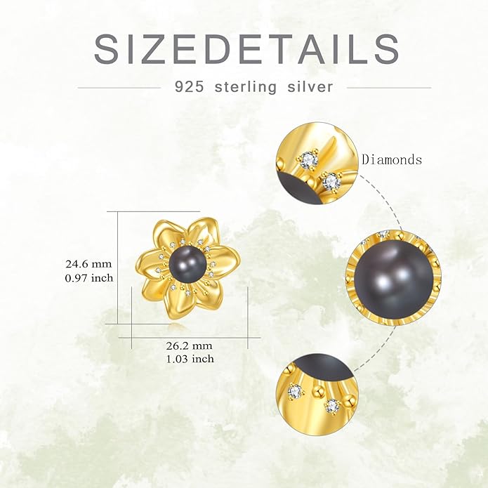 Diamonds Flower Brooch for Women, 925 Sterling Silver Black Freshwater Pearl Pins with Lab Grown Diamonds for Clothes, Flower Brooches Jewelry Gifts Christmas Mothers Day Birthday