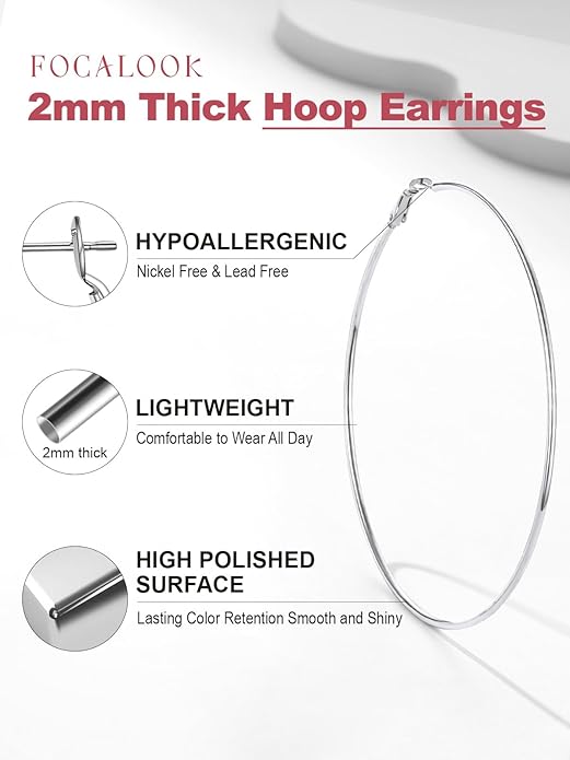 FOCALOOK 14K Gold Plated Lightweight Large Hoops| 2mm Thin Hoop Earrings for Women 30/40/50/70/100mm