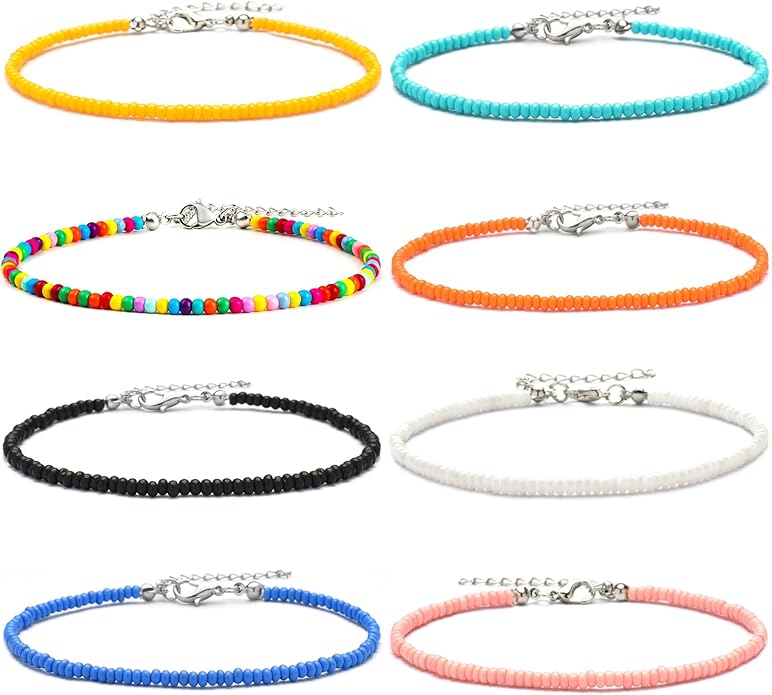 XIJIN 8Pcs Handmade Beaded Anklets for Women Boho Colorful Beads Ankle Bracelets Adjustable Foot Anklet Set