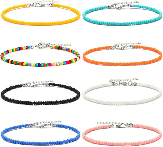 XIJIN 8Pcs Handmade Beaded Anklets for Women Boho Colorful Beads Ankle Bracelets Adjustable Foot Anklet Set