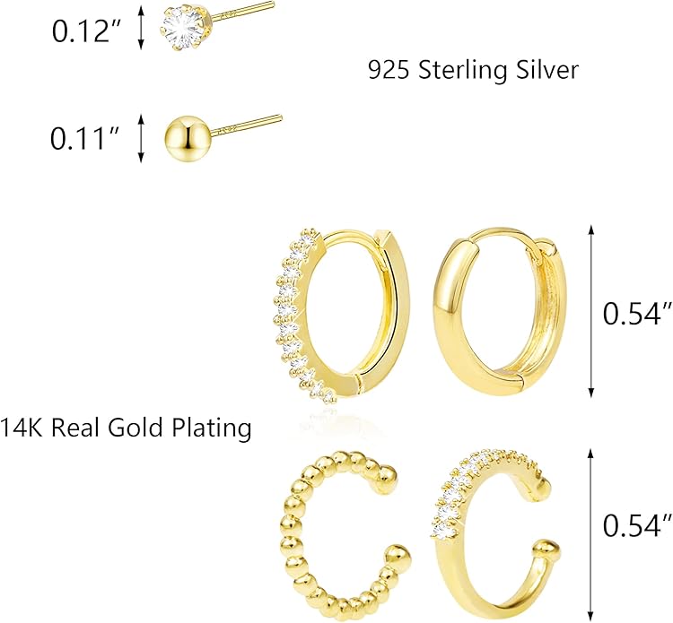 Stud Earrings for Women Hypoallergenic Sterling Silver Post Hoop and Studs Earrings Set for Multiple Piercing Small Ball Cubic Zirconia Earring Studs for Women Trendy Jewelry Gifts（6 Pairs）