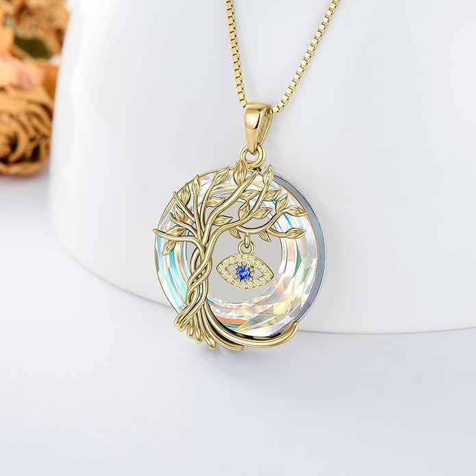TOUPOP Evil Eye Necklace 925 Sterling Silver Tree of Life Circle Crystal Pendant Necklace Protection Jewelry Amulet Christmas Gifts for Women Her
