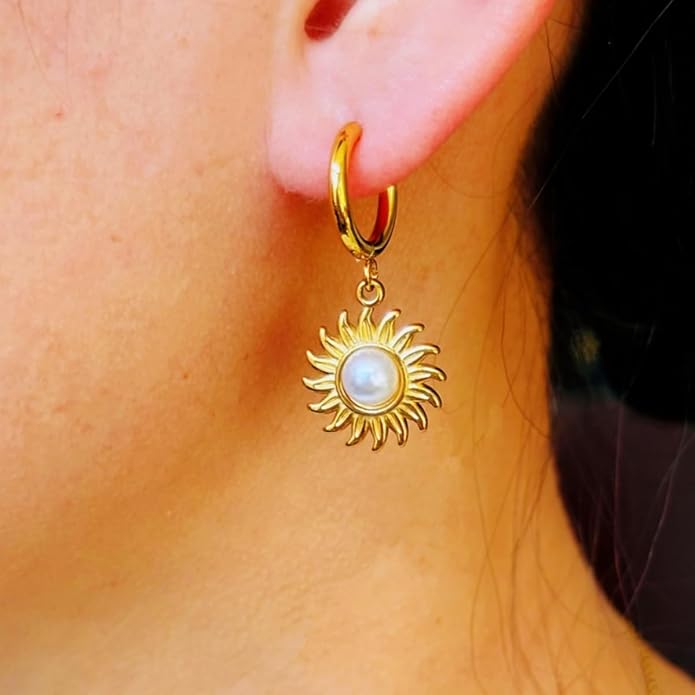 Sunburst Heart Dangle Hoop Earrings, 18K Gold Plated hypoallergenic Stainless Steel Cute Jewelry for Women daily Wear