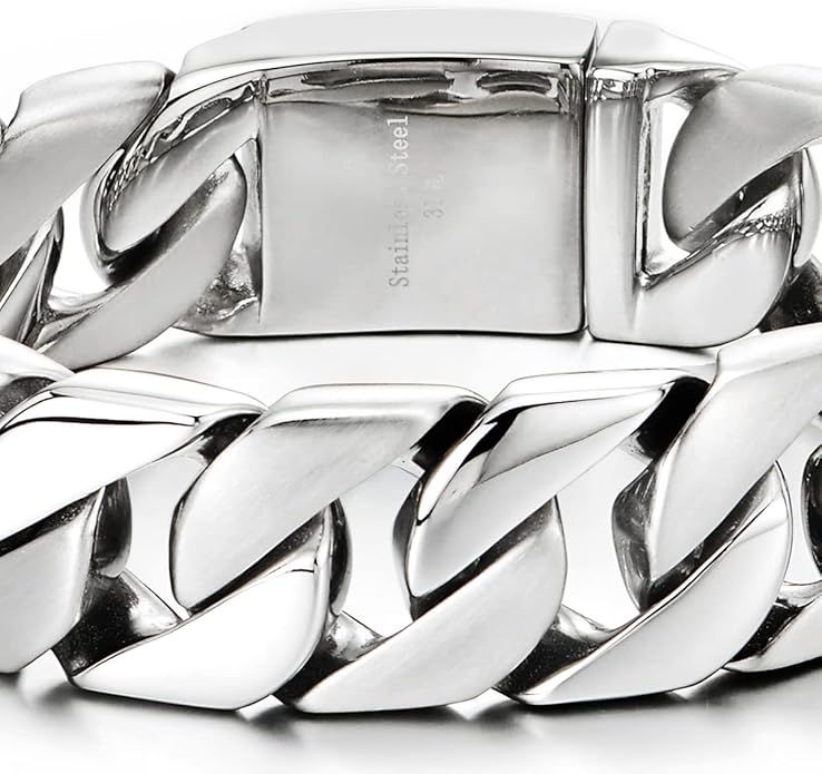 COOLSTEELANDBEYOND Mens Stainless Steel Large Curb Chain Link Bracelet Solid Curb Chain Wristband Biker Punk Jewelry Masculine Accessory