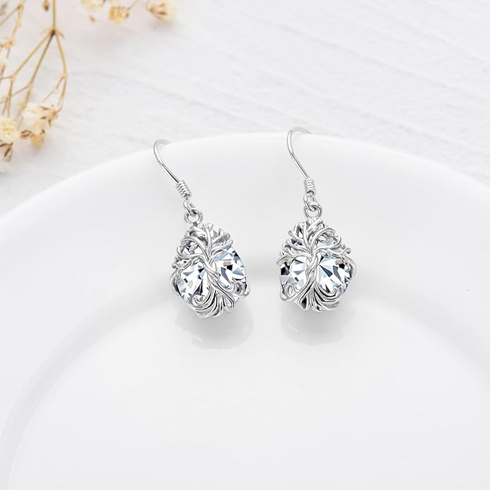 TOUPOP Tree of Life Earrings 925 Sterling Silver Family Tree Dangle Drop Earrings Crystal Jewelry Birthday Christmas Gifts for Women Her