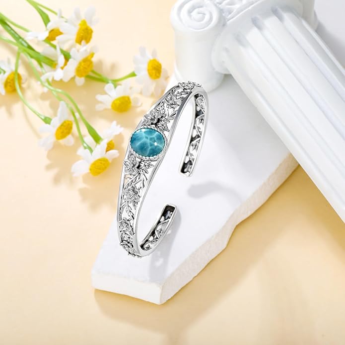 Genuine Turquoise Vintage Flower Bracelet Bangle, Sterling Silver Boho Adjustable Bangle Cuff Native American Jewelry for Women, Fit for 6.5 7 7.5 Inches