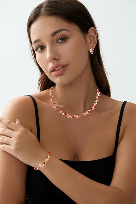 Austrian Crystal Rhinestone Choker Necklace Dangle Earring Link Bracelet Jewelry Set for Brides Bridesmaid Prom Costume Accessories for Women