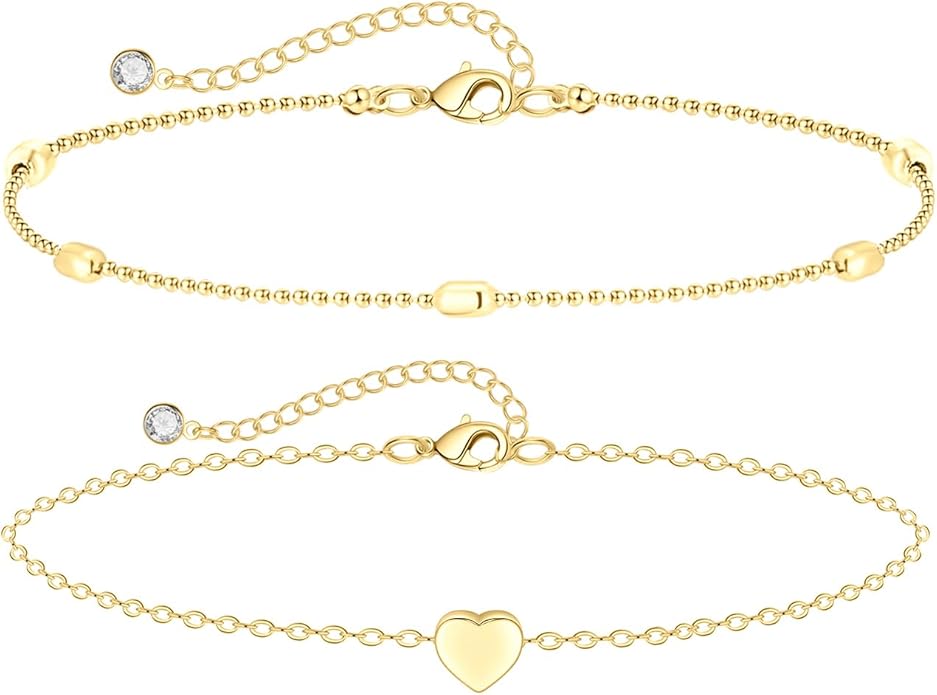 2/3 PCS Gold Anklets for Women Waterproof Cuban Link Anklet Beaded Bracelets Stackable Bracelets 14K Gold Plated Custom Jewelry Gifts Non Tarnish Lightweight