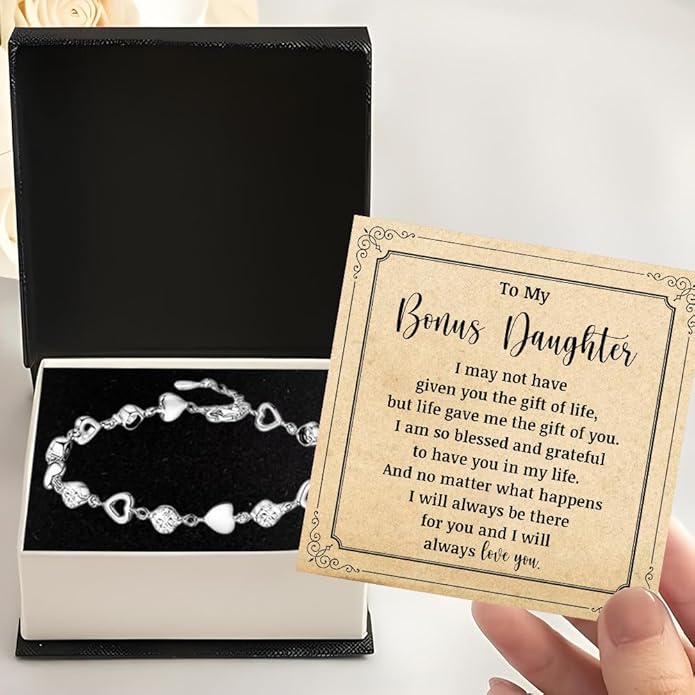 To My Bonus Daughter Heart Bracelet Gift, Beautiful Bonus Daughter Jewelry From Step Mom Dad With Message Card and Box Meaning, Christmas Graduation Birthday Gifts, To My Stepdaughter Bracelet
