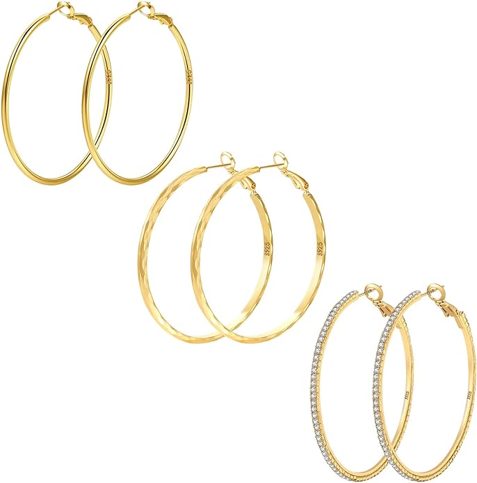 925 Sterling Silver Earrings Large Rhinestone Hoop Earrings Big Cubic Zirconia Hoop Earrings Thin Rhinestones Round Hoop Earrings for Women 20/30/40/50/60/70mm Sparkly Hoops With Crystals for Womens