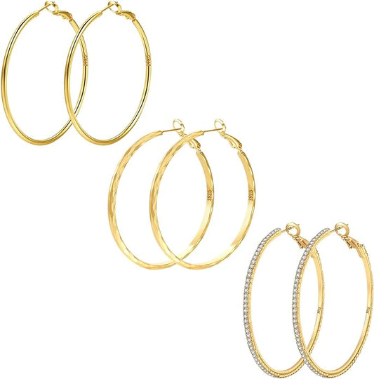 925 Sterling Silver Earrings Large Rhinestone Hoop Earrings Big Cubic Zirconia Hoop Earrings Thin Rhinestones Round Hoop Earrings for Women 20/30/40/50/60/70mm Sparkly Hoops With Crystals for Womens