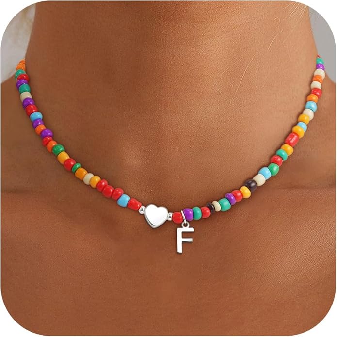 Colorful Initial Necklaces for Girls Women Kids - Teen Girls Gifts Trendy Stuff Beaded Initial Necklace Dainty Letter Choker Necklace for Girl Gifts Jewelry