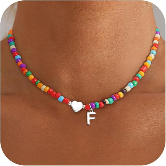 Colorful Initial Necklaces for Girls Women Kids - Teen Girls Gifts Trendy Stuff Beaded Initial Necklace Dainty Letter Choker Necklace for Girl Gifts Jewelry