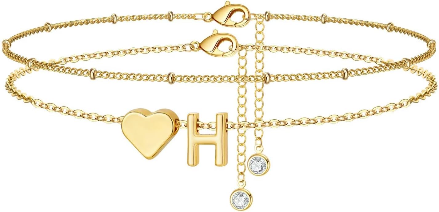 M MOOHAM Gold Initial Ankle Bracelets for Women - Layered Heart Letter A-Z Initial Dainty Gold Anklets for Women Waterproof, Womens Anklets Jewelry Birthday Gifts Jewelry