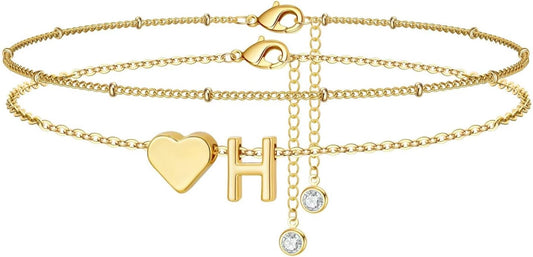 M MOOHAM Gold Initial Ankle Bracelets for Women - Layered Heart Letter A-Z Initial Dainty Gold Anklets for Women Waterproof, Womens Anklets Jewelry Birthday Gifts Jewelry